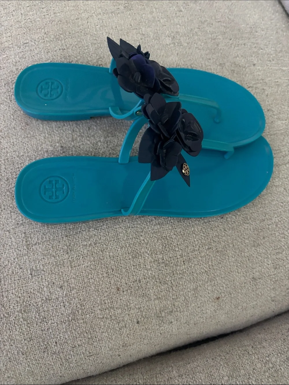 Tory Burch Turquoise Jelly Thong Sandals with Navy Floral Accents